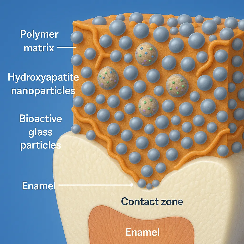 تصویر شماتیک ساختار نانوکامپوزیت زیست‌فعال شامل رزین پلیمری، نانوذرات آپاتیت و تماس با مینای دندان