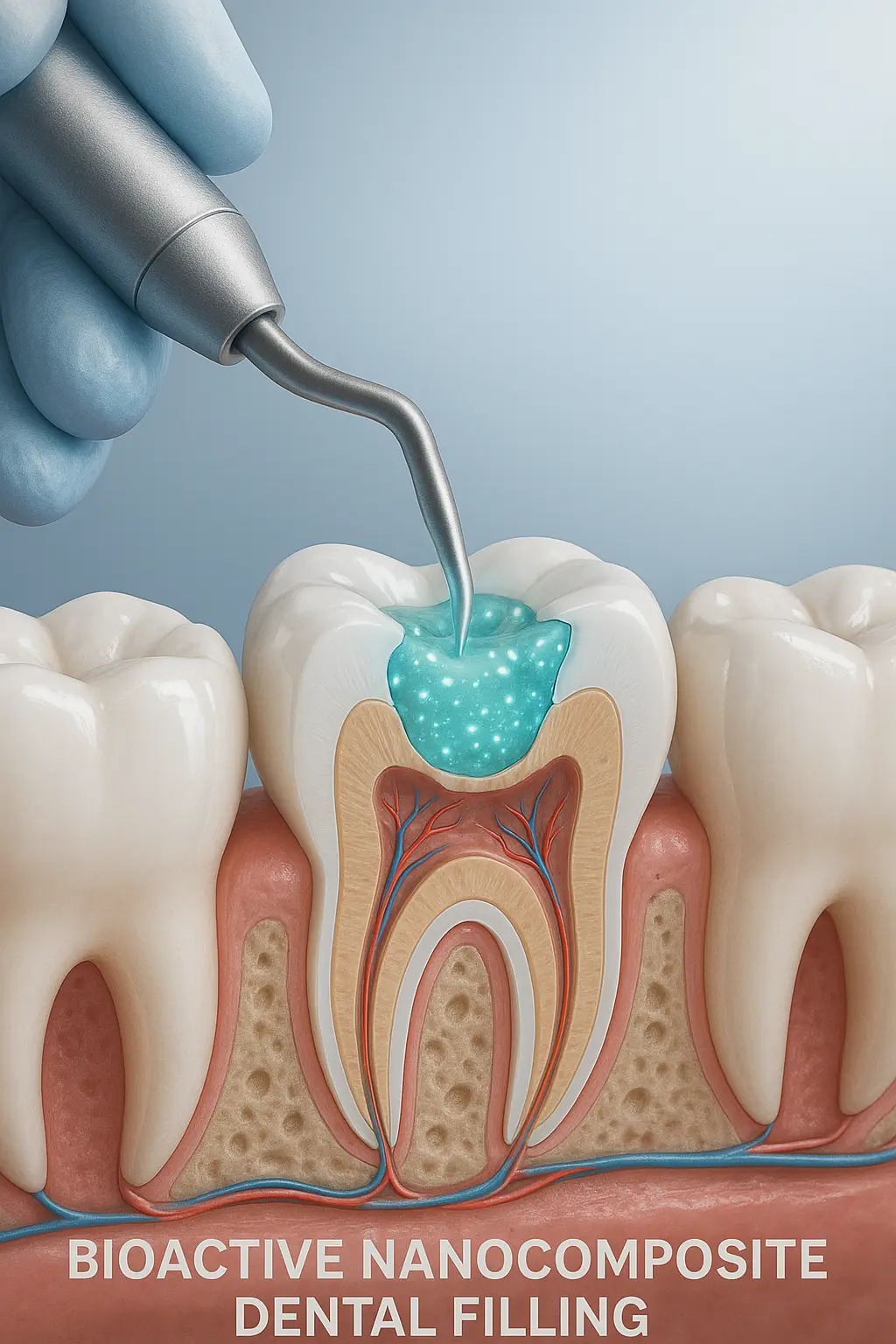 دندان‌پزشک در حال استفاده از نانوکامپوزیت زیست‌فعال برای پرکردگی دندان در محیط کلینیکی مدرن
