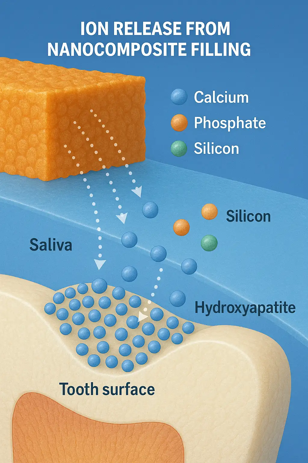 اینفوگرافیک عملکرد زیست‌فعال نانوکامپوزیت در دهان و آزادسازی یون‌های معدنی برای تشکیل لایه آپاتیت