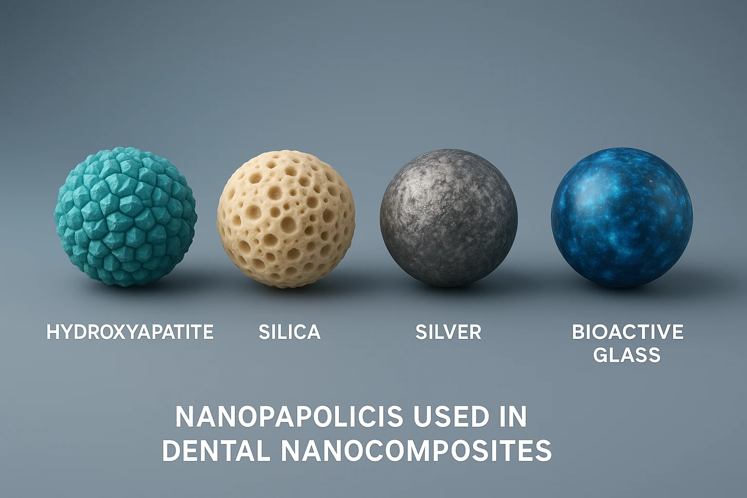 نمای سه‌بعدی از نانوذرات مورد استفاده در نانوکامپوزیت‌های دندانی شامل هیدروکسی‌آپاتیت، سیلیکا و شیشه زیست‌فعال