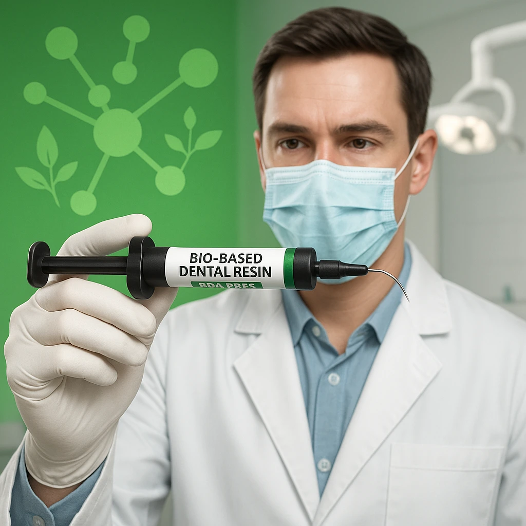 تصویر دندان‌پزشک در حال آماده‌سازی رزین دندانی گیاهی بدون بیسفنول A با زمینه سبز زیستی و محیط کلینیکی