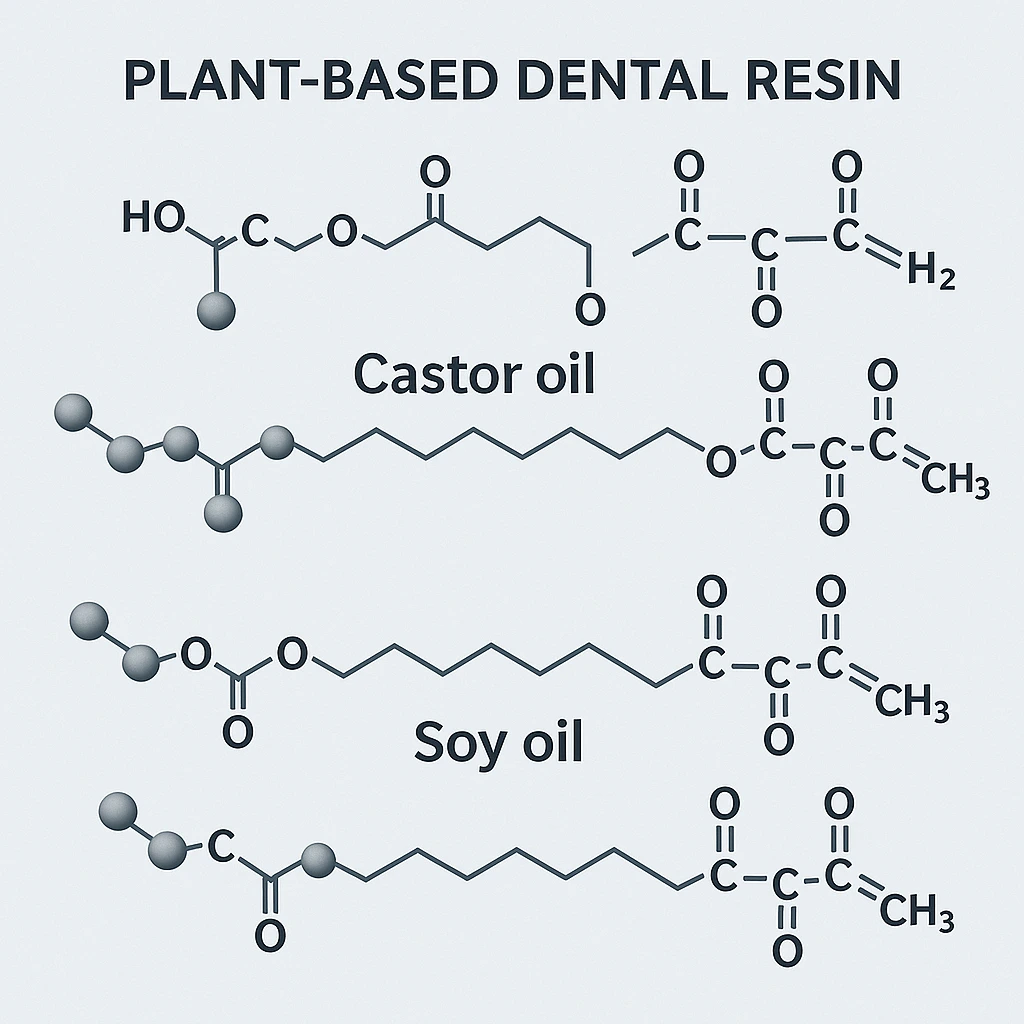 نمودار علمی ساختار شیمیایی رزین دندانی گیاهی با منشاء روغن کرچک و سویا همراه با نمایش زنجیره‌های پلیمری