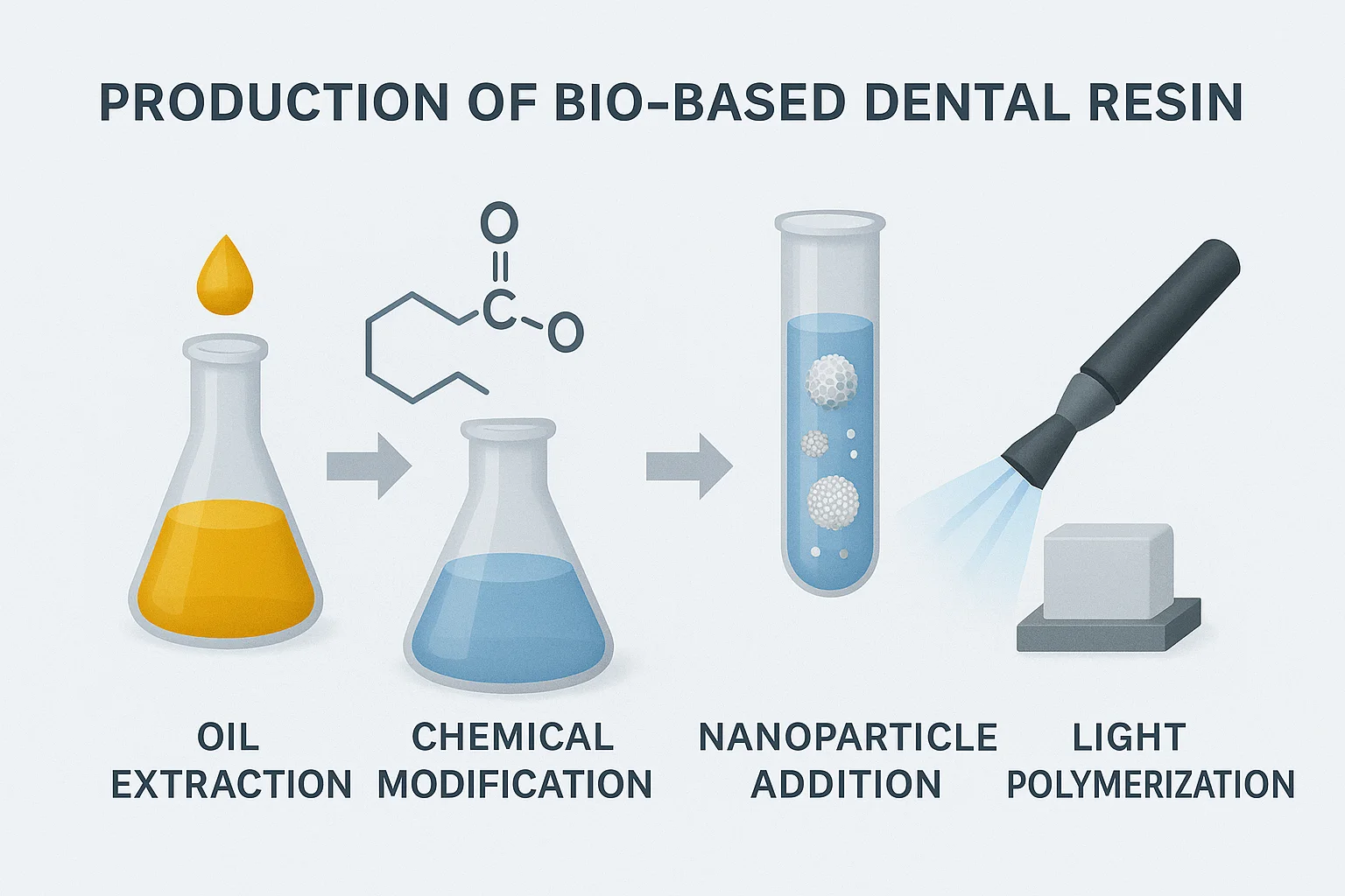 اینفوگرافیک فرآیند تولید رزین دندانی گیاهی از استخراج روغن تا پلیمریزاسیون نوری در قالب مراحل گام‌به‌گام