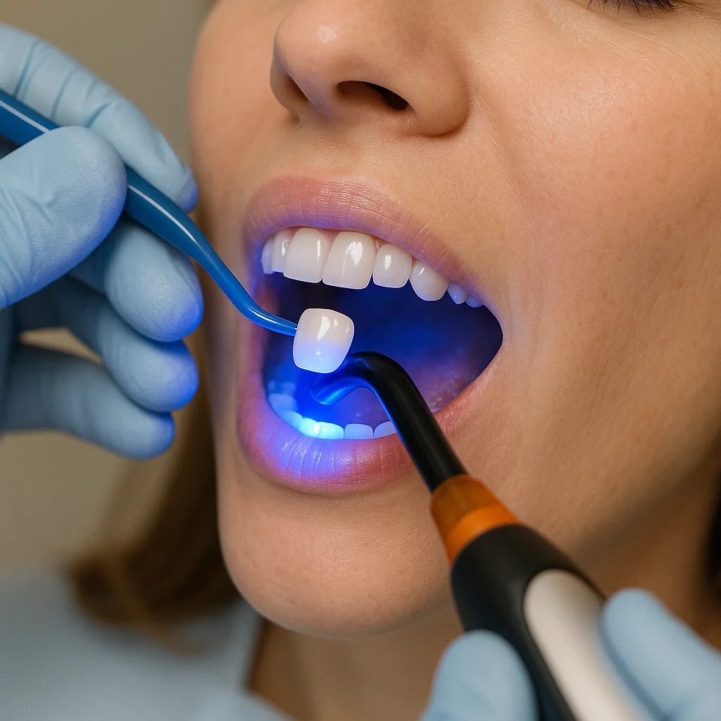 دندان‌پزشک در حال چسباندن روکش دندان با سیمان دندانی | کبالت